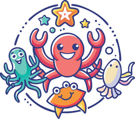 Happy cartoon crab, lobster, octopus, starfish in playful badge icon, colourful flat line art, white background.