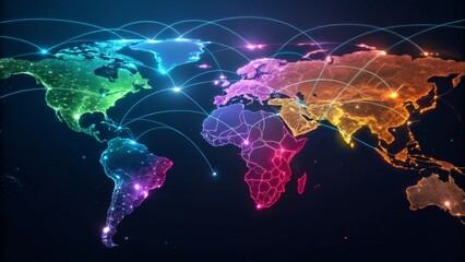 a digital world map with a colorful gradient and glowing network, representing global communication, data exchange, and the interconnectedness of modern technology