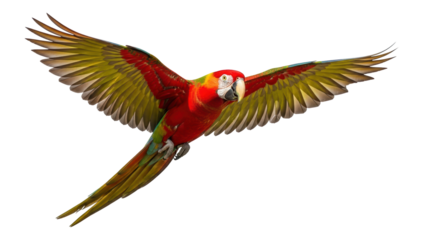 Isolated Scarlet Macaw, bird in flight, spreading its wings looking for food in the jungle