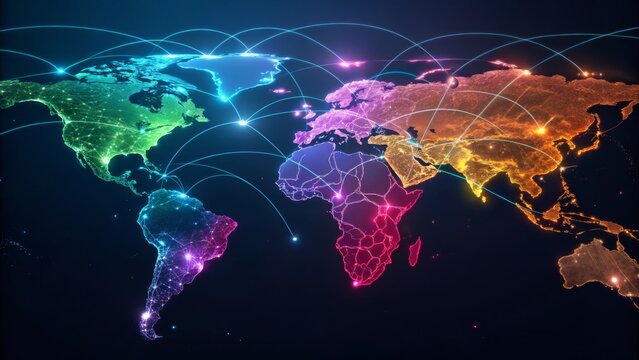 a digital world map with a colorful gradient and glowing network, representing global communication, data exchange, and the interconnectedness of modern technology