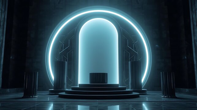 Cylindrical podiums placed inside a glowing arched portal