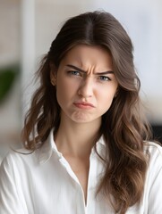 Woman with an angry expression wearing a white shirt indoors.
