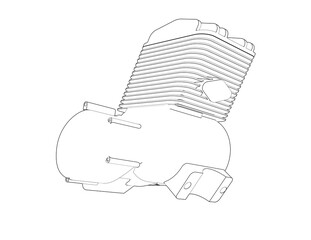Detailed Technical Wireframe of a Small Two-Stroke Motorcycle Engine: Monochrome Line Art Illustration, Vector CAD Blueprint for Automotive Engineering, Repair Manuals, and Product Design Schematics.