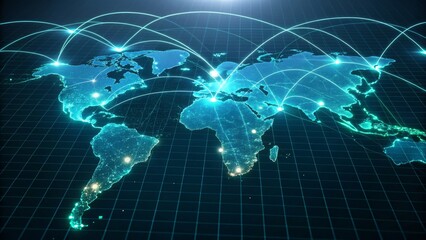 a digital world map with a glowing network overlay, representing global communication, international business connectivity, and modern technology in a digital age