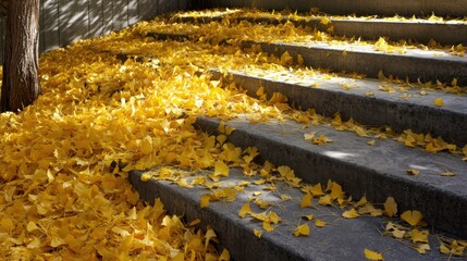 Obraz premium Golden Autumn Leaves on Stone Steps in Soft Morning Light