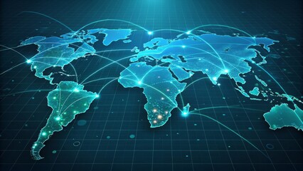 a digital world map with a glowing network overlay, representing global communication, international business connectivity, and modern technology in a digital age