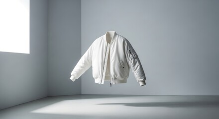 White Bomber Jacket Floating in Studio.