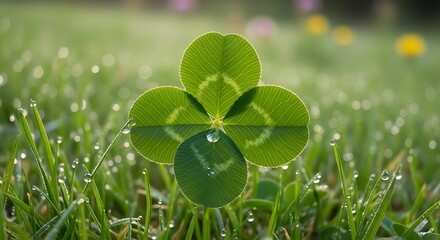 Closeup Clover in Dewy Grass.