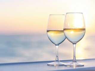 Two elegant wine glasses filled with white wine, set against a serene sunset over the water, creating a tranquil and romantic atmosphere.