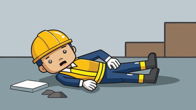 Construction worker cartoon injured on job site after tripping over hazard needing safety training and accident investigation to prevent future incidents