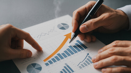 Hands of a businessman work on business data analysis to get better outcomes. Highlighting upward financial growth in a modern work environment.
