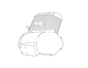 Line art illustration of a small 2-stroke internal combustion engine with cooling fins, typical for motorcycles, scooters, or small vehicles. Technical drawing for automotive design or mechanical