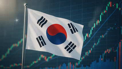 The South Korean flag gently waves against a backdrop of rising stock market trends, symbolizing economic growth and national pride.