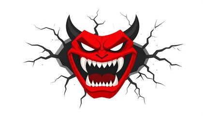 Red demon face bursts through a cracked wall