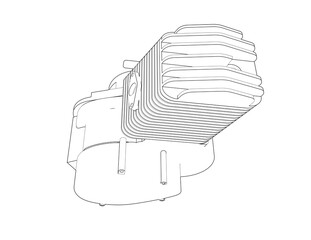 Detailed Technical Wireframe of a Small Two-Stroke Motorcycle Engine: Monochrome Line Art Illustration, Vector CAD Blueprint for Automotive Engineering, Repair Manuals, and Product Design Schematics.