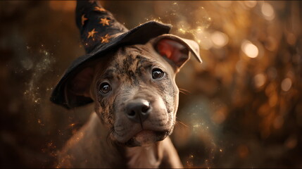 A staffy pitbull pup wearing an witch's hat, surrounded by autumn leaves, Halloween background