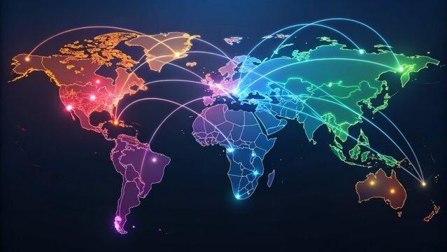 digital world map with glowing lines and city lights, representing the interconnected global network for business, communication, and modern digital technology - Powered by Adobe