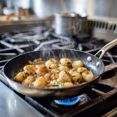 Gnocchi cooking in a pan on a stovetop with steam rising.