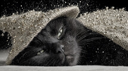 A fluffy black magic  kitten wearing an witch's hat, surrounded by autumn leaves, Halloween background