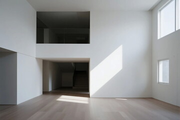 Modern minimalist interior space with large windows and open layout