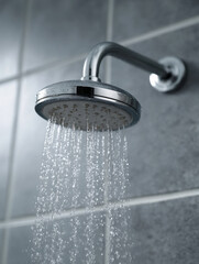 Water flowing from showerhead in modern tiled bathroom.