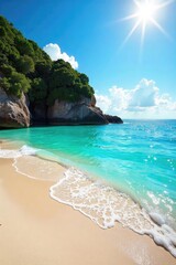 Sun-drenched coastal scene, sparkling turquoise water laps gently against a sandy shore Perfect for travel, vacation, and summer themes Idyllic beach escape , travel, golden, sunny
