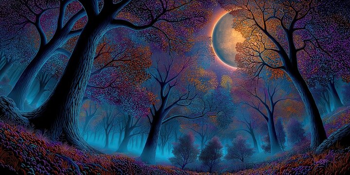 Enchanting Halloween forest landscape with vibrant colors and a glowing moon on a clear autumn night, creating a mystical atmosphere