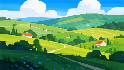 A serene countryside landscape with rolling green hills, scattered houses, and a winding path under a bright blue sky.