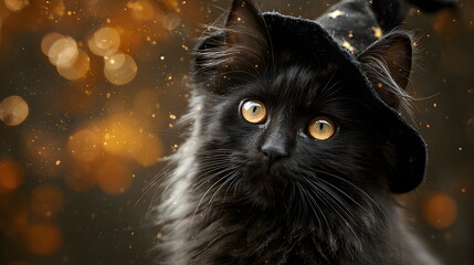 A fluffy black magic  kitten wearing an witch's hat, surrounded by autumn leaves, Halloween background