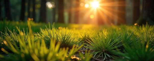 Sun-drenched pine needles on a forest floor, warm golden light filtering through the branches Perfect for summer backgrounds, travel, nature, and relaxation themes , light, landscape, sunlight