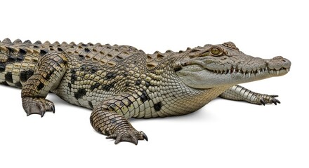 Naklejka premium A detailed view of a powerful crocodile, showcasing its textured scales and sharp features, isolated on a white background.