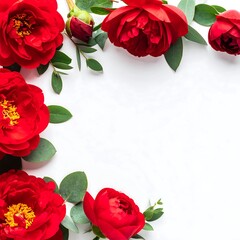 Red peonies and eucalyptus frame