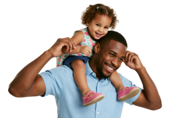 Father carrying little girl on shoulders showing joyful moment