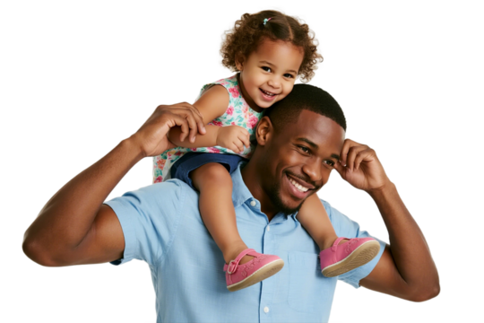 Father carrying little girl on shoulders showing joyful moment