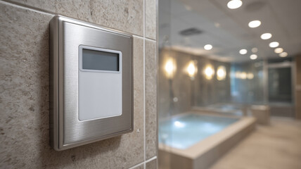 Modern digital thermostat in luxury spa environment.