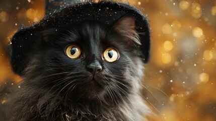 A fluffy black magic  kitten wearing an witch's hat, surrounded by autumn leaves, Halloween background
