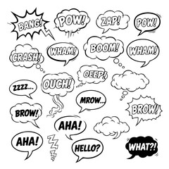 Dynamic monochrome comic book style speech bubbles and explosive sound effects collection, featuring diverse cartoon text elements for expressive visual communication and graphic design projects