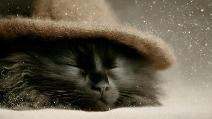 A fluffy black magic  kitten wearing an witch's hat, surrounded by autumn leaves, Halloween background