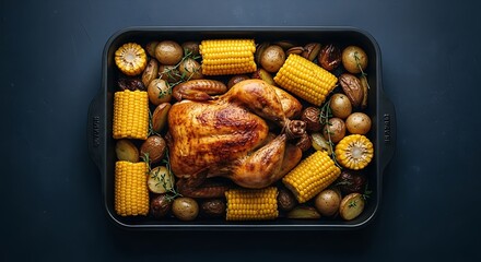 Roasted Chicken with Corn and Vegetables.