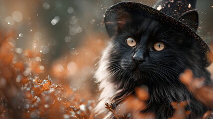 A fluffy black magic  kitten wearing an witch's hat, surrounded by autumn leaves, Halloween background