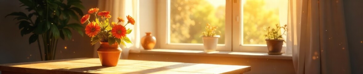 Sunlight streams through a window, illuminating dust motes dancing in the air of a bright spring room Fresh flowers sit on a nearby table, bathed in the warm glow , motes, clean, golden hour