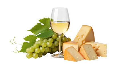 Isolated cheese selection with grapes and a glass of white wine on the table, ready to eat