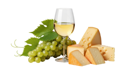 Isolated cheese selection with grapes and a glass of white wine on the table, ready to eat