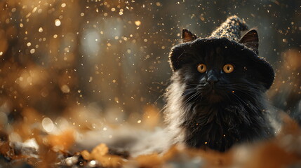 A fluffy black magic  kitten wearing an witch's hat, surrounded by autumn leaves, Halloween background