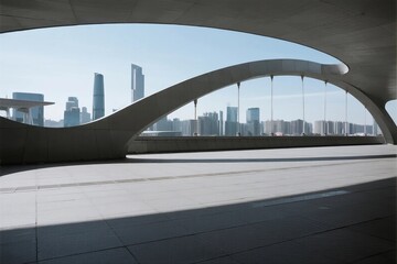 Fototapeta premium Modern architectural structure with city skyline in the background
