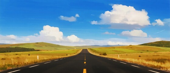 A long road stretching through a vast open countryside under a clear blue sky