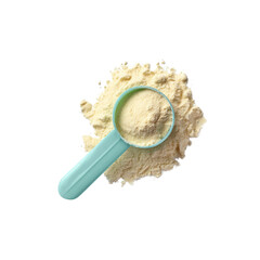 Scoop of Yellow Powdered Food Supplement on White Background