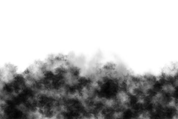 Dark, dense smoke or fog texture with sharp edges and a chaotic, turbulent appearance, set against a stark transparent background, suitable for dramatic or intense visual effects
