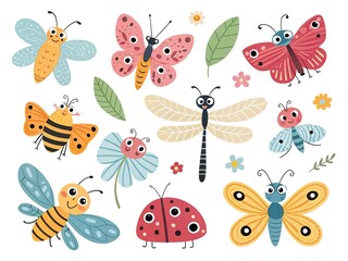 Fun cartoon insect grid featuring colorful butterflies and dragonflies, flat illustration, isolated on white.