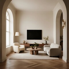 Modern Living Room with Arched Windows and Neutral Furniture